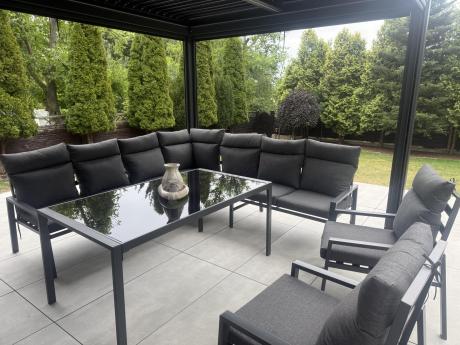 Duży narożnik ogrodowy metalowy 294x184cm Doros Corner XXL z 2 fotelami, 2 pufami i stołem 160cm wysokie oparcia - Da