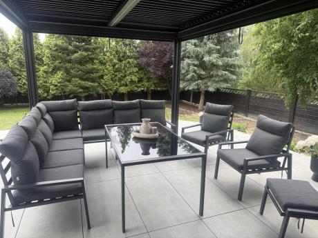 Duży narożnik ogrodowy metalowy 294x184cm Doros Corner XXL z 2 fotelami, 2 pufami i stołem 160cm wysokie oparcia - Da