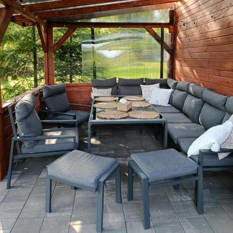 Duży narożnik ogrodowy metalowy 294x184cm Doros Corner XXL z 2 fotelami, 2 pufami i stołem 160cm wysokie oparcia - Da