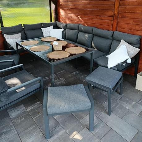 Duży narożnik ogrodowy metalowy 294x184cm Doros Corner XXL z 2 fotelami, 2 pufami i stołem 160cm wysokie oparcia - Da