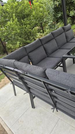 Duży narożnik ogrodowy metalowy 294x184cm Doros Corner XXL z 2 fotelami, 2 pufami i stołem 160cm wysokie oparcia - Da