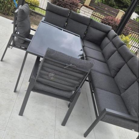 Duży narożnik ogrodowy metalowy 294x184cm Doros Corner XXL z 2 fotelami, 2 pufami i stołem 160cm wysokie oparcia - Da