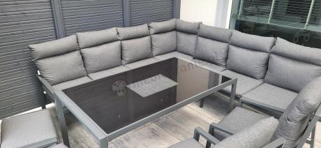 Duży narożnik ogrodowy metalowy 294x184cm Doros Corner XXL z 2 fotelami, 2 pufami i stołem 160cm wysokie oparcia - Da