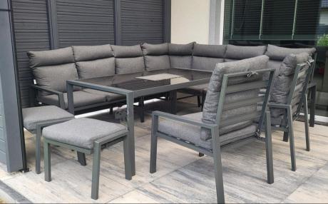 Duży narożnik ogrodowy metalowy 294x184cm Doros Corner XXL z 2 fotelami, 2 pufami i stołem 160cm wysokie oparcia - Da