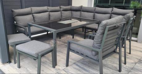 Duży narożnik ogrodowy metalowy 294x184cm Doros Corner XXL z 2 fotelami, 2 pufami i stołem 160cm wysokie oparcia - Da