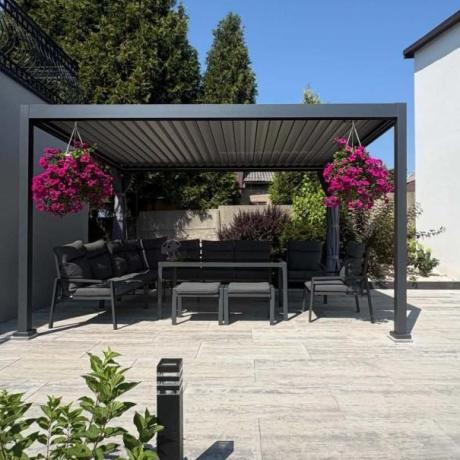 Duży narożnik ogrodowy metalowy 294x184cm Doros Corner XXL z 2 fotelami, 2 pufami i stołem 160cm wysokie oparcia - Da