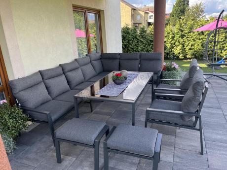Duży narożnik ogrodowy metalowy 294x184cm Doros Corner XXL z 2 fotelami, 2 pufami i stołem 160cm wysokie oparcia - Da