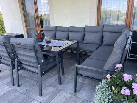 Duży narożnik ogrodowy metalowy 294x184cm Doros Corner XXL z 2 fotelami, 2 pufami i stołem 160cm wysokie oparcia - Da
