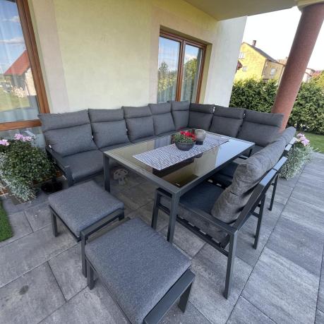 Duży narożnik ogrodowy metalowy 294x184cm Doros Corner XXL z 2 fotelami, 2 pufami i stołem 160cm wysokie oparcia - Da