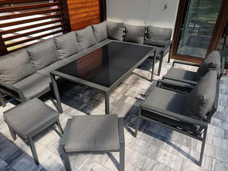 Duży narożnik ogrodowy metalowy 294x184cm Sodor Corner XXL z 2 fotelami, 2 pufami i stołem 160cm - Dark Grey