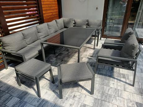 Duży narożnik ogrodowy metalowy 294x184cm Sodor Corner XXL z 2 fotelami, 2 pufami i stołem 160cm - Dark Grey