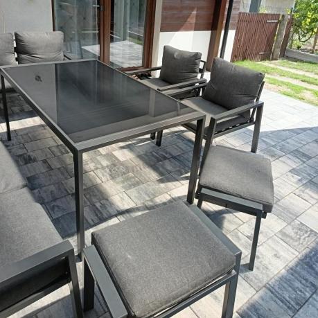 Duży narożnik ogrodowy metalowy 294x184cm Sodor Corner XXL z 2 fotelami, 2 pufami i stołem 160cm - Dark Grey