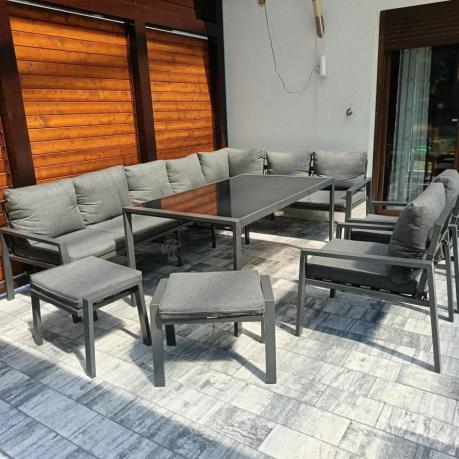 Duży narożnik ogrodowy metalowy 294x184cm Sodor Corner XXL z 2 fotelami, 2 pufami i stołem 160cm - Dark Grey