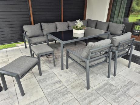 Duży narożnik ogrodowy metalowy 294x184cm Sodor Corner XXL z 2 fotelami, 2 pufami i stołem 160cm - Dark Grey