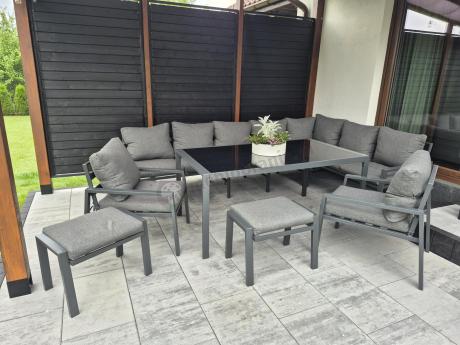 Duży narożnik ogrodowy metalowy 294x184cm Sodor Corner XXL z 2 fotelami, 2 pufami i stołem 160cm - Dark Grey