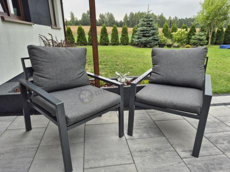 Duży narożnik ogrodowy metalowy 294x184cm Sodor Corner XXL z 2 fotelami, 2 pufami i stołem 160cm - Dark Grey