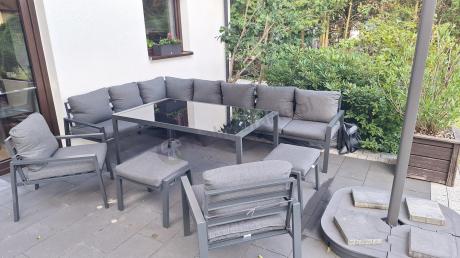 Duży narożnik ogrodowy metalowy 294x184cm Sodor Corner XXL z 2 fotelami, 2 pufami i stołem 160cm - Dark Grey