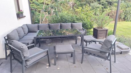 Duży narożnik ogrodowy metalowy 294x184cm Sodor Corner XXL z 2 fotelami, 2 pufami i stołem 160cm - Dark Grey