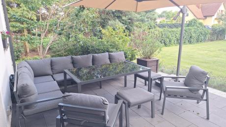 Duży narożnik ogrodowy metalowy 294x184cm Sodor Corner XXL z 2 fotelami, 2 pufami i stołem 160cm - Dark Grey