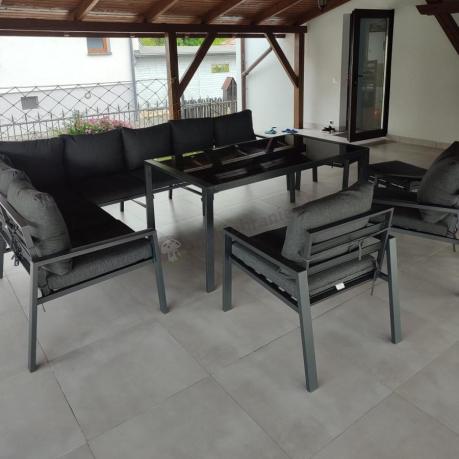 Duży narożnik ogrodowy metalowy 294x184cm Sodor Corner XXL z 2 fotelami, 2 pufami i stołem 160cm - Dark Grey