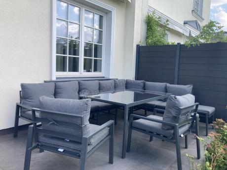 Duży narożnik ogrodowy metalowy 294x184cm Sodor Corner XXL z 2 fotelami, 2 pufami i stołem 160cm - Dark Grey