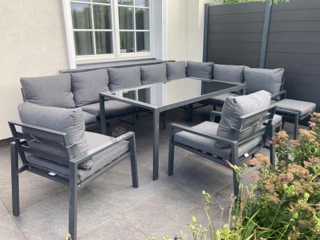 Duży narożnik ogrodowy metalowy 294x184cm Sodor Corner XXL z 2 fotelami, 2 pufami i stołem 160cm - Dark Grey