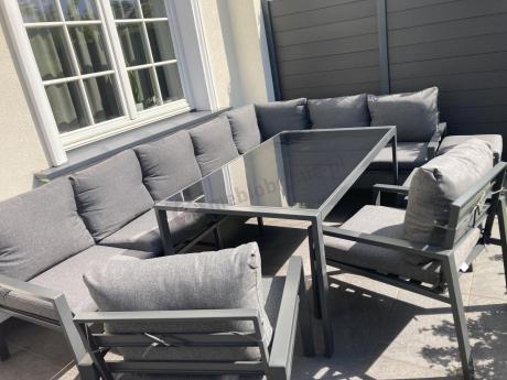 Duży narożnik ogrodowy metalowy 294x184cm Sodor Corner XXL z 2 fotelami, 2 pufami i stołem 160cm - Dark Grey