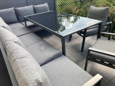 Duży narożnik ogrodowy metalowy 294x184cm Sodor Corner XXL z 2 fotelami, 2 pufami i stołem 160cm - Dark Grey