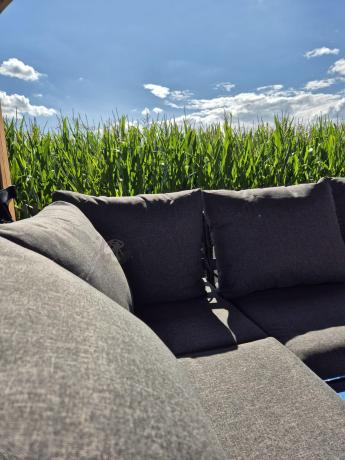 Duży narożnik ogrodowy metalowy 294x184cm Sodor Corner XXL z 2 fotelami, 2 pufami i stołem 160cm - Dark Grey