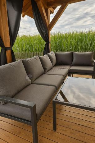 Duży narożnik ogrodowy metalowy 294x184cm Sodor Corner XXL z 2 fotelami, 2 pufami i stołem 160cm - Dark Grey