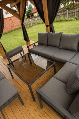 Duży narożnik ogrodowy metalowy 294x184cm Sodor Corner XXL z 2 fotelami, 2 pufami i stołem 160cm - Dark Grey