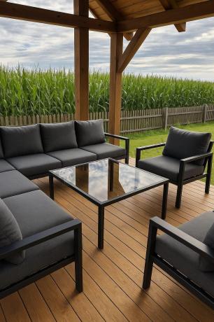 Duży narożnik ogrodowy metalowy 294x184cm Sodor Corner XXL z 2 fotelami, 2 pufami i stołem 160cm - Dark Grey