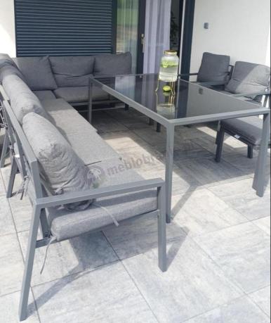 Duży narożnik ogrodowy metalowy 294x184cm Sodor Corner XXL z 2 fotelami, 2 pufami i stołem 160cm - Dark Grey
