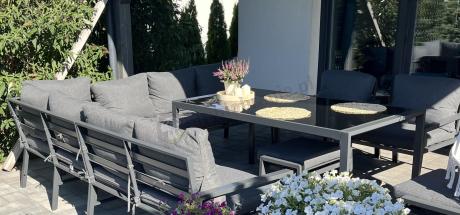 Duży narożnik ogrodowy metalowy 294x184cm Sodor Corner XXL z 2 fotelami, 2 pufami i stołem 160cm - Dark Grey