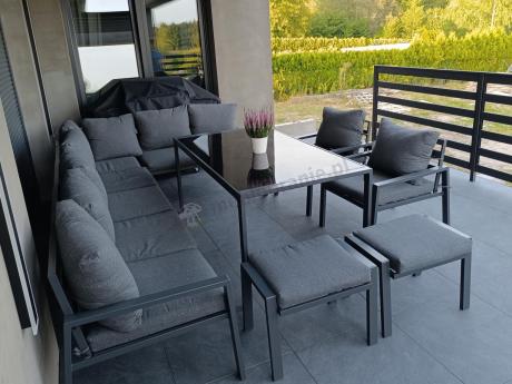 Duży narożnik ogrodowy metalowy 294x184cm Sodor Corner XXL z 2 fotelami, 2 pufami i stołem 160cm - Dark Grey