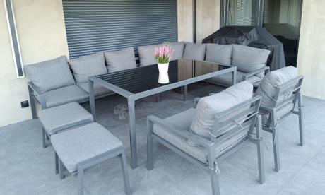 Duży narożnik ogrodowy metalowy 294x184cm Sodor Corner XXL z 2 fotelami, 2 pufami i stołem 160cm - Dark Grey