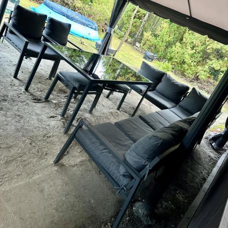 Duży narożnik ogrodowy metalowy 294x184cm Sodor Corner XXL z 2 fotelami, 2 pufami i stołem 160cm - Dark Grey