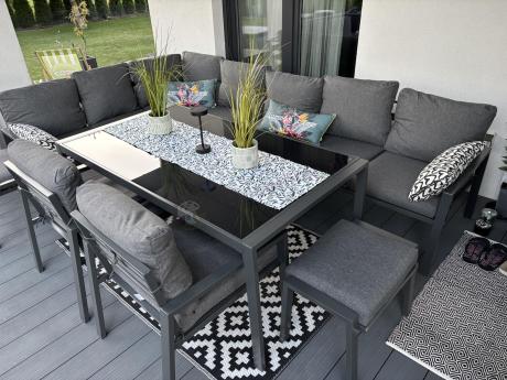 Duży narożnik ogrodowy metalowy 294x184cm Sodor Corner XXL z 2 fotelami, 2 pufami i stołem 160cm - Dark Grey