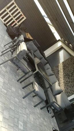 Duży narożnik ogrodowy metalowy 294x184cm Sodor Corner XXL z 2 fotelami, 2 pufami i stołem 160cm - Dark Grey