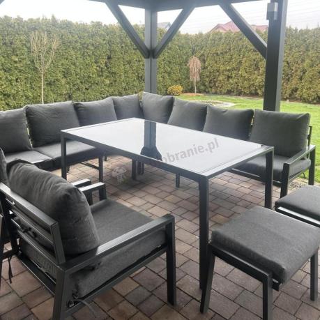 Duży narożnik ogrodowy metalowy 294x184cm Sodor Corner XXL z 2 fotelami, 2 pufami i stołem 160cm - Dark Grey