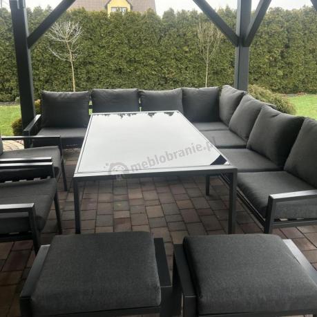 Duży narożnik ogrodowy metalowy 294x184cm Sodor Corner XXL z 2 fotelami, 2 pufami i stołem 160cm - Dark Grey