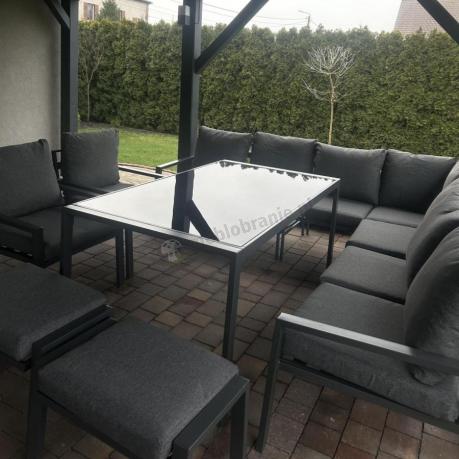 Duży narożnik ogrodowy metalowy 294x184cm Sodor Corner XXL z 2 fotelami, 2 pufami i stołem 160cm - Dark Grey