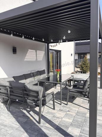 Duży narożnik ogrodowy metalowy 294x184cm Sodor Corner XXL z 2 fotelami, 2 pufami i stołem 160cm - Dark Grey