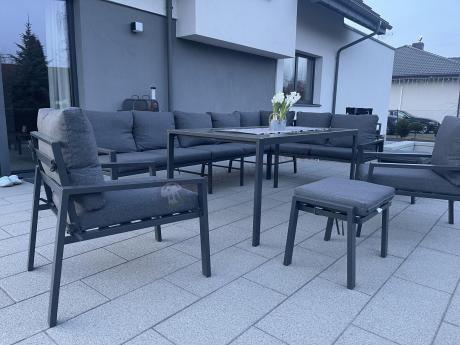 Duży narożnik ogrodowy metalowy 294x184cm Sodor Corner XXL z 2 fotelami, 2 pufami i stołem 160cm - Dark Grey