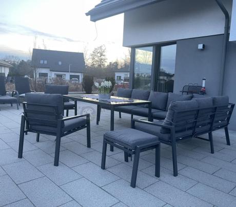 Duży narożnik ogrodowy metalowy 294x184cm Sodor Corner XXL z 2 fotelami, 2 pufami i stołem 160cm - Dark Grey