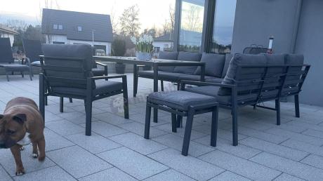 Duży narożnik ogrodowy metalowy 294x184cm Sodor Corner XXL z 2 fotelami, 2 pufami i stołem 160cm - Dark Grey