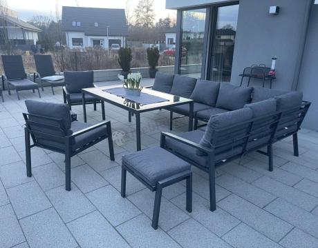 Duży narożnik ogrodowy metalowy 294x184cm Sodor Corner XXL z 2 fotelami, 2 pufami i stołem 160cm - Dark Grey