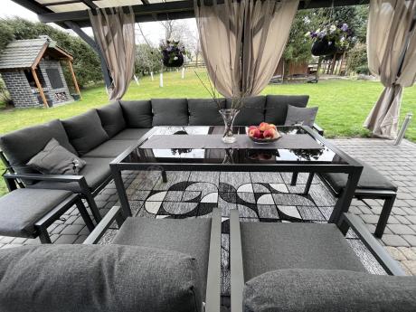 Duży narożnik ogrodowy metalowy 294x184cm Sodor Corner XXL z 2 fotelami, 2 pufami i stołem 160cm - Dark Grey