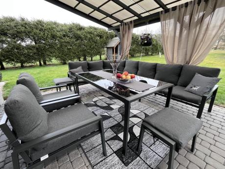 Duży narożnik ogrodowy metalowy 294x184cm Sodor Corner XXL z 2 fotelami, 2 pufami i stołem 160cm - Dark Grey