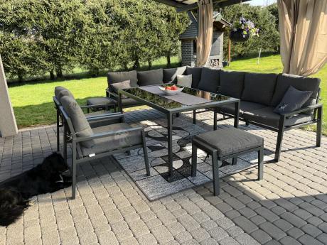 Duży narożnik ogrodowy metalowy 294x184cm Sodor Corner XXL z 2 fotelami, 2 pufami i stołem 160cm - Dark Grey